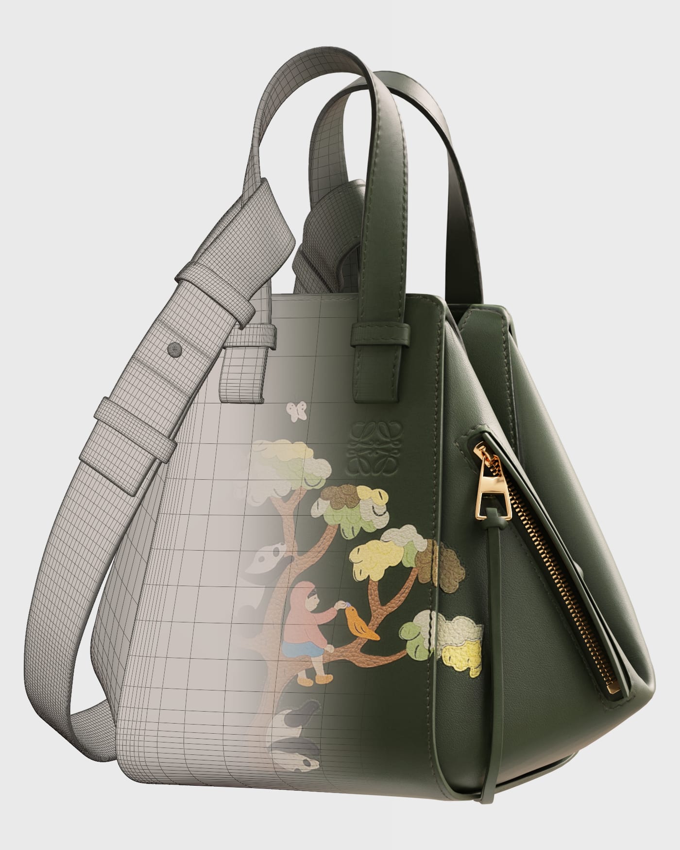 Sac Hammock Loewe x Suna Fujita : maillage retopologisé à gauche, rendu texturé à droite, modèle réalisé par Socle